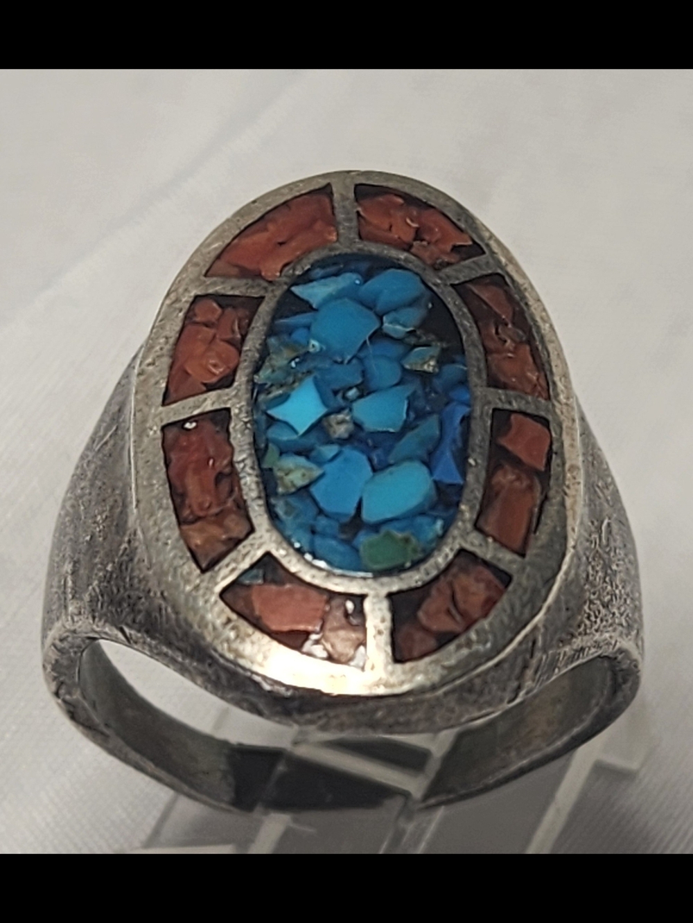 Sterling Silver Inlay Ring with Turquoise and Coral, Vintage
